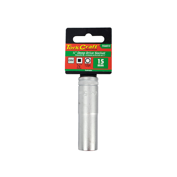 Tork Craft 15mm Deep Drive Socket, 1/2 Inch Drive, CRV Steel, 12pt Socket