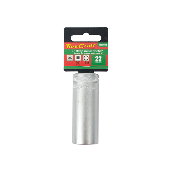 Tork Craft 22mm Deep Socket - 1/2 inch Drive, 12 Point - High-Quality CRV Steel - Durable Automotive Tool