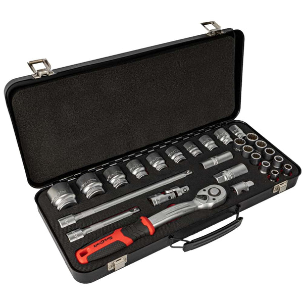 SOCKET & RATCHET SET 27PC 1/2' DR CRV 12 POINT METAL CASE