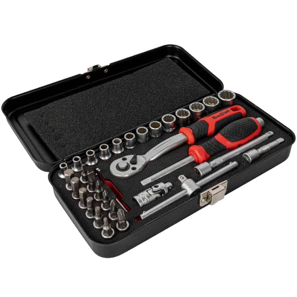 SOCKET & RATCHET SET 34PC 1/4' DR CRV 12 POINT METAL CASE