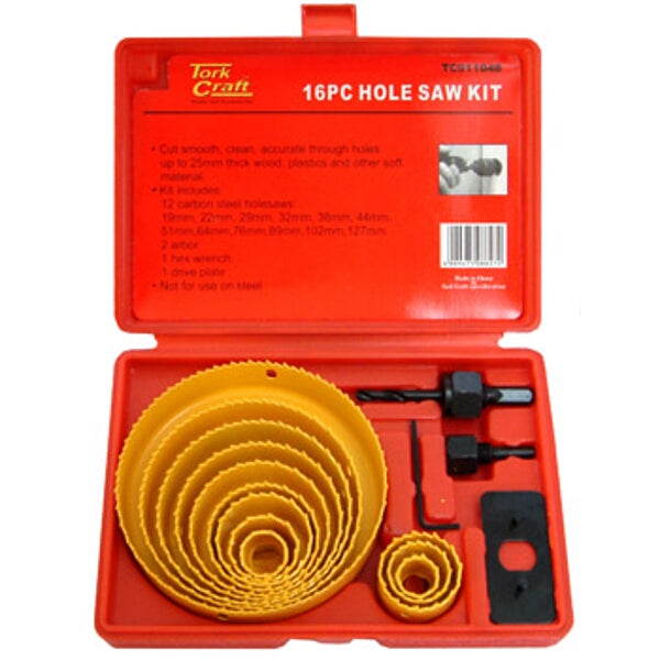 16-Piece Carbon Steel Hole Saw Set 19-127mm. Woodworking, DIY Tool Kit