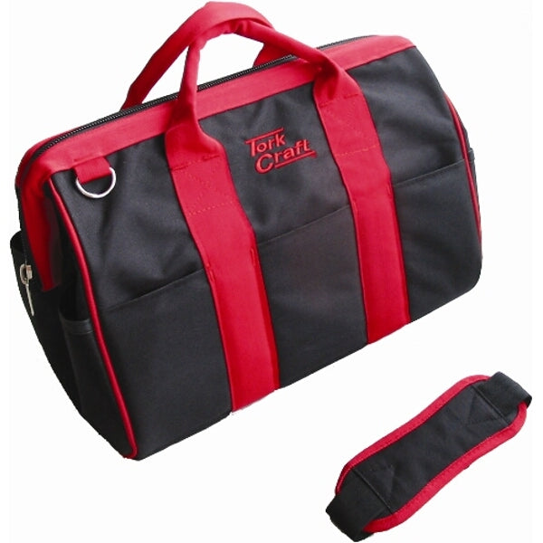 Tork Craft Tool Bag: Nylon, 25 Pocket, 315x230x250mm, Red & Black. Heavy Duty Tool Carrier w/ Shoulder Strap.
