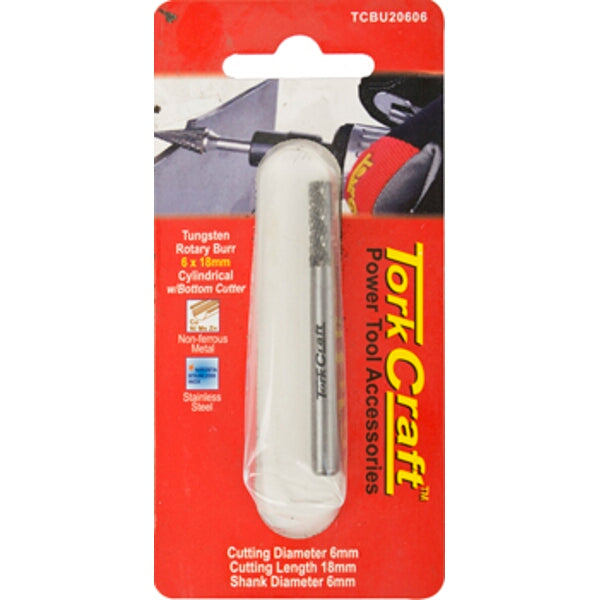 Tork Craft Tungsten Rotary Burr 6x18mm Cylindrical Cutter - Power Tool Accessory