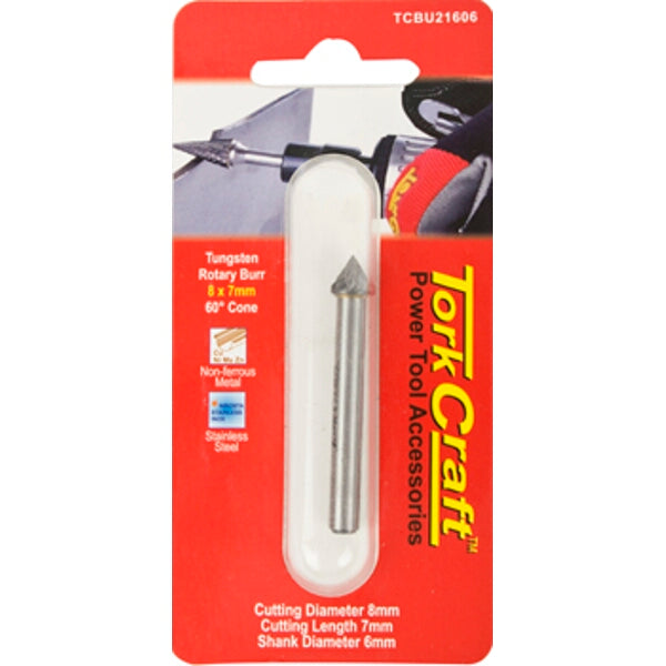 Tork Craft Tungsten Rotary Burr 8x7mm 60° Cone - Metal Cutting Tool, Power Tool Accessory
