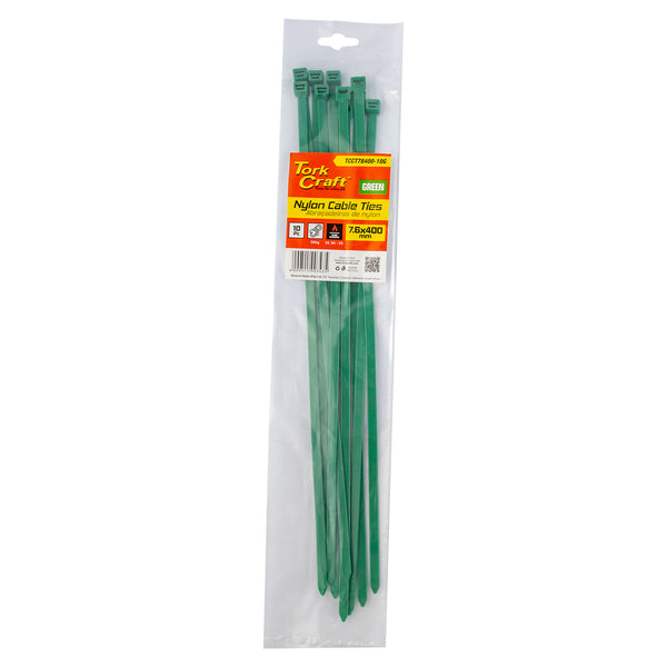 NYLON CABLE TIES 7.6MM X 400MM GREEN 10PC