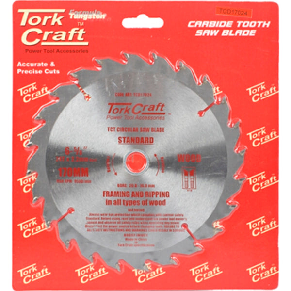 Tork Craft 170mm Carbide Tooth Saw Blade - Framing & Ripping in Wood, Power Tool Accessory