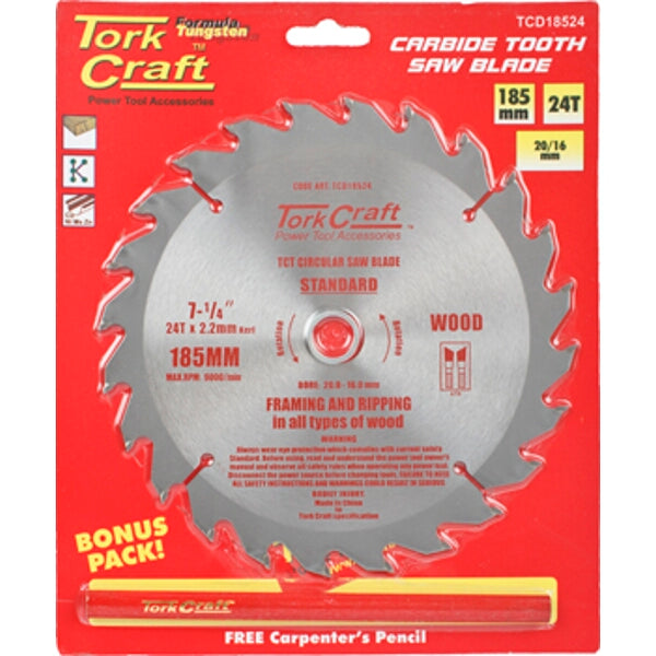Tork Craft 185mm 24T TCT Saw Blade - General Purpose Ripping Blade for Wood