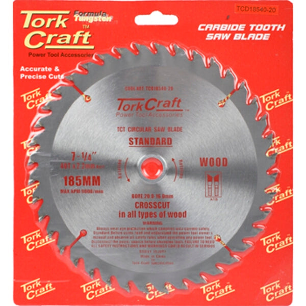 Tork Craft 185mm Carbide Saw Blade - 40T Wood Cutting Crosscut Blade - Power Tool Accessory
