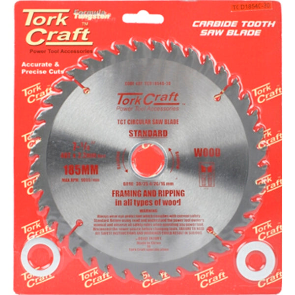 Tork Craft 185mm Carbide Tooth Saw Blade for Wood Framing & Ripping - TCT Circular Blade