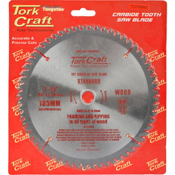 Tork Craft 185mm 60T Carbide Tooth Saw Blade - Wood Cutting, Framing & Ripping Saw Blade