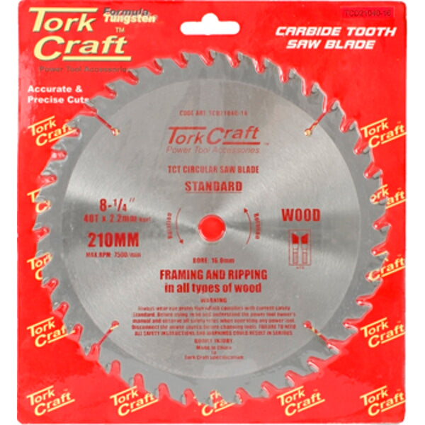 Tork Craft 210mm Carbide Saw Blade 40T Wood Framing/Ripping - High Quality Power Tool Accessory