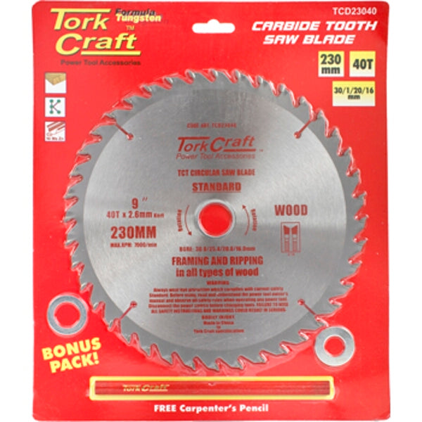 Tork Craft 230mm 40T Carbide Tooth Saw Blade - Wood Framing & Ripping