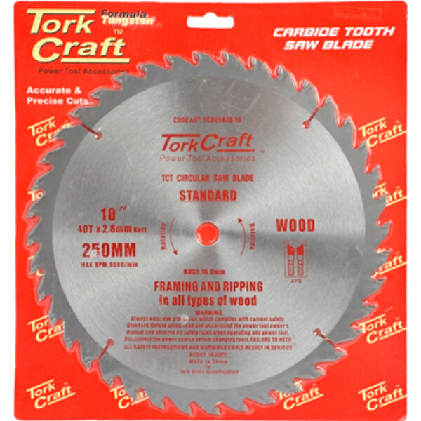 Tork Craft 10-inch Carbide Tooth Saw Blade - 250mm 40T Woodworking Power Tool Accessory