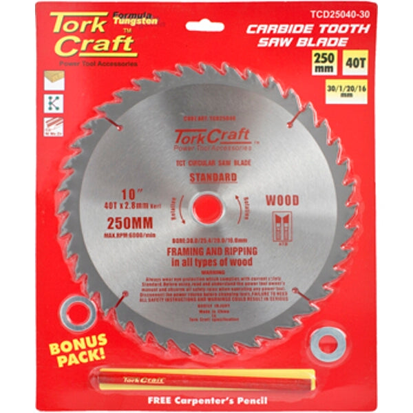 TorkCraft 250mm 40T Carbide Tooth Saw Blade: Framing & Ripping Wood Cutting. Power Tool Accessories - Bonus Pack included!