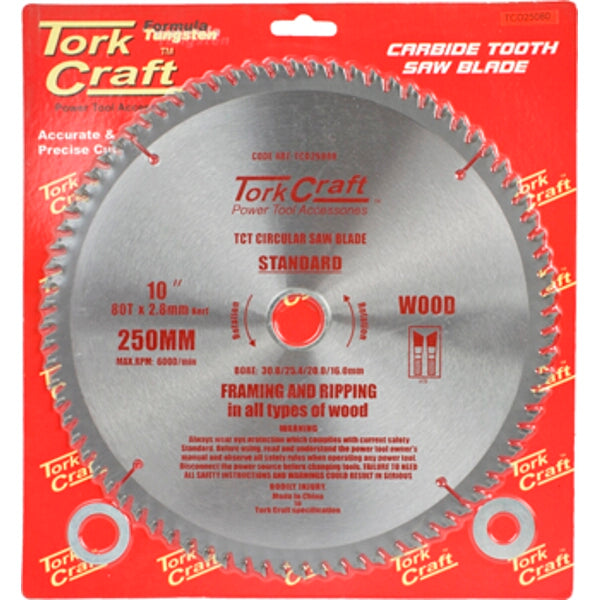 Tork Craft 250mm Carbide Tipped Circular Saw Blade - 80T Wood Cutting, Framing and Ripping