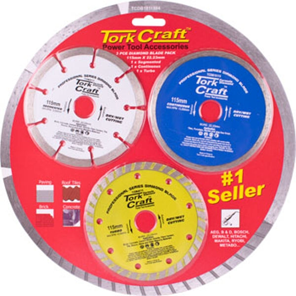 Tork Craft 115mm Diamond Blade Set: Segmented, Continuous, Turbo - Power Tool Accessories