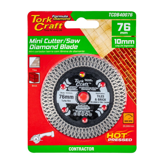 Tork Craft Diamond Blade 76mm X 10mm Cont. Rim Mini Cutter Saw - TCDB40076
