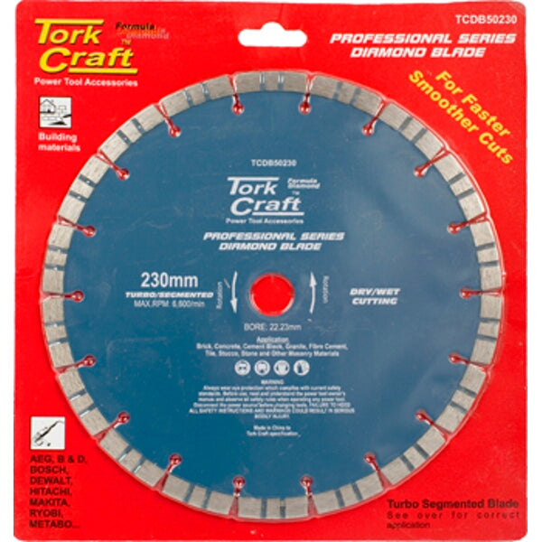 Tork Craft Diamond Blade 230mm Turbo Segmented - For Faster, Smoother Cuts on Brick, Concrete, Stone
