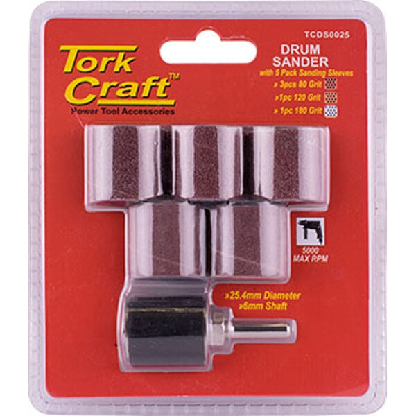 Tork Craft Drum Sander with Sanding Sleeves: 25.4mm Diameter, 6mm Shaft, Assorted Grit Sizes (80, 120, 180)
