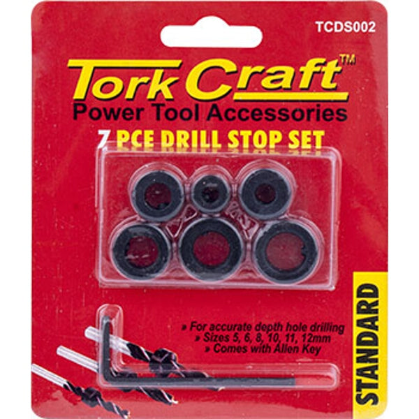 Tork Craft Drill Stop Set: 7 Piece Kit for Precise Depth Control in Woodworking - 5, 6, 8, 10, 11, 12mm Sizes