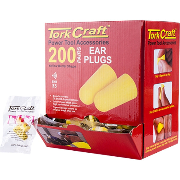 Tork Craft Ear Plugs - 200 Pair Bulk Pack, Yellow Bullet Shape, SNR 33 Hearing Protection Safety Equipment