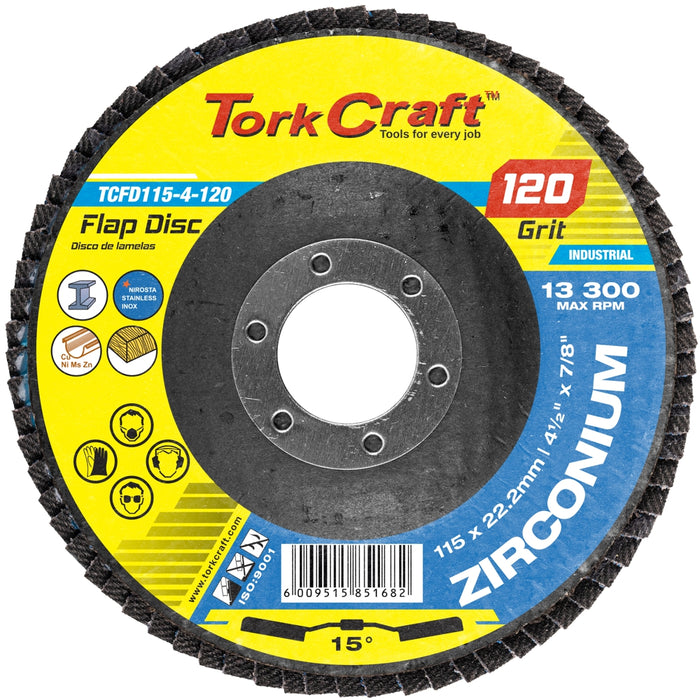 TORK CRAFT FLAP DISC ZIRCONIUM 115MM 120GRIT ANGLED TCFD115-4-120