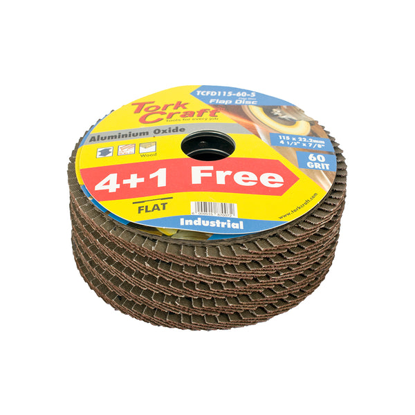 Tork Craft 115mm Flap Sanding Disc, 60 Grit Aluminium Oxide Abrasive. 4+1 Free!