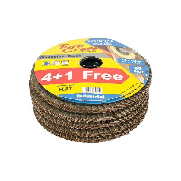 Tork Craft Flap Disc 115mm 80 Grit Aluminum Oxide Sanding Disc (4+1 Free) Industrial Abrasive Grinding Wheel