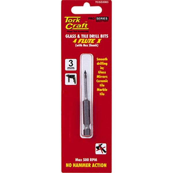 Tork Craft 3mm Glass & Tile Drill Bit - 4 Flute Hex Shank - For Ceramic, Mirrors, Marble