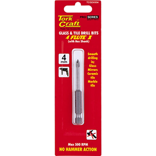 TorkCraft 4mm Glass & Tile Drill Bit - 4 Flute X, Hex Shank - Drill for Glass, Mirrors, Ceramic, Marble
