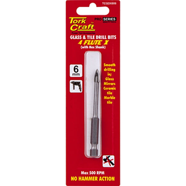 TorkCraft Glass & Tile Drill Bit 6mm - 4 Flute X - Hex Shank - No Hammer Action - For Smooth Drilling