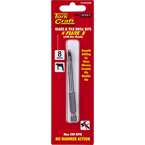 Tork Craft 8mm Glass & Tile Drill Bit - 4 Flute X Hex Shank for Precision Drilling