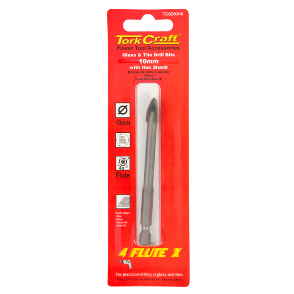TorkCraft 10mm Glass & Tile Drill Bit - 4 Flute Hex Shank - Precision Drilling Tool