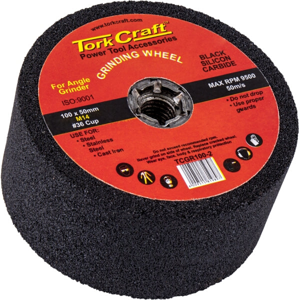 TorkCraft Grinding Wheel 100x50mm M14 #36 Cup Black Silicon Carbide for Angle Grinder Power Tool Accessory