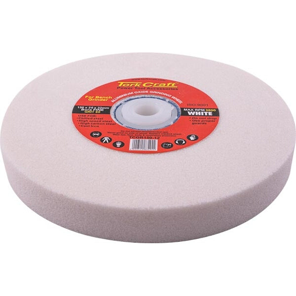 150mm Aluminum Oxide Grinding Wheel for Bench Grinder, 60 Grit, White. Grinding steel, metal, and cast iron. Durable abrasive wheel.