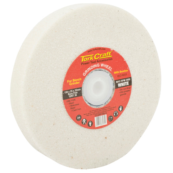 Tork Craft Grinding Wheel: 150x25x32mm, White, Coarse 36 Grit. For Bench Grinder, Steel, Stainless Steel & Cast Iron.