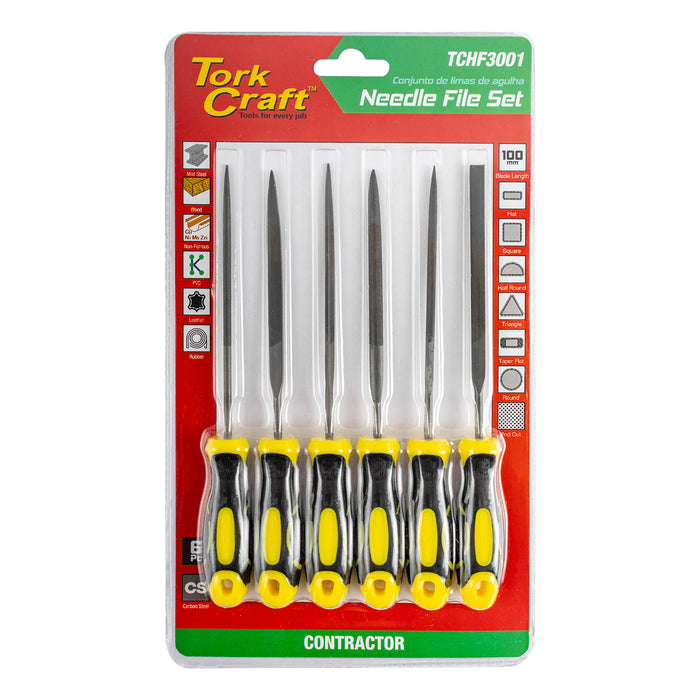 Tork Craft Needle File Set 6 Pc Flat/Rnd/Square/Tri Angle/Taper Flat/Half Rnd Tchf3001