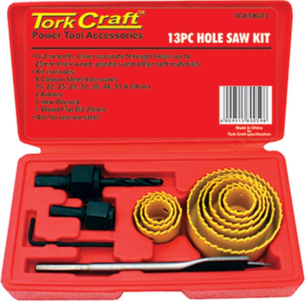 Tork Craft 13-Piece Hole Saw Kit - Carbon Steel Hole Saws for Wood, Plastic & Soft Materials