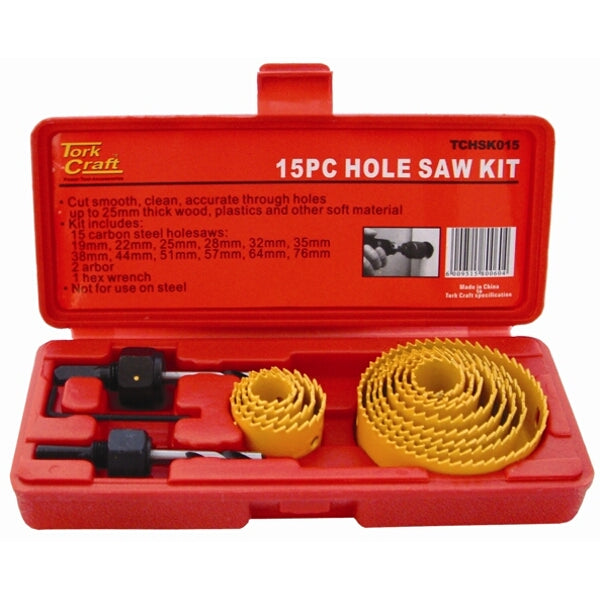 Tork Craft 15-Piece Hole Saw Kit: Carbon Steel Hole Saws in Case for Wood, Plastic