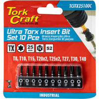 Tork Craft Ultra Torx Bit Set - 10 Piece (T8, T10, T15, T20x2, T25x2, T27, T30, T40). Impact Resistant.