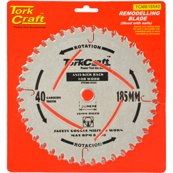 TorkCraft 185mm Remodelling Blade - 40T Saw Blade for Wood with Nails