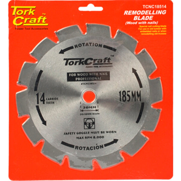 TorkCraft 185mm Nail Cutting Remodelling Blade - 14T Carbide Teeth - Wood w/Nails