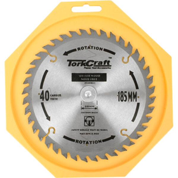 TorkCraft TCT Saw Blade - 185mm, 40 Teeth, Noise Free Wood Cutting Blade. Power Tool Accessory