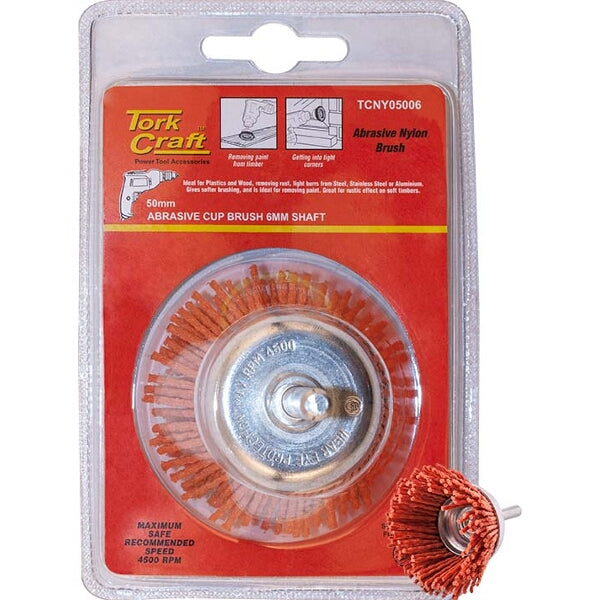 TorkCraft Nylon Abrasive Cup Brush 50mm 6mm Shaft - Rust & Paint Removal Power Tool Accessory