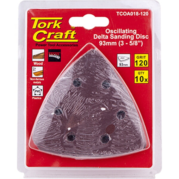 Tork Craft Oscillating Delta Sanding Discs, 93mm, 120 Grit, 10 Pack. Wood, Non-ferrous Metals, Plastics Sandpaper.