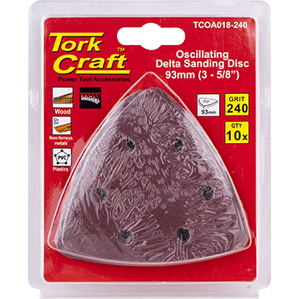 TorkCraft Oscillating Sanding Disc, Delta Shape, 93mm, 240 Grit, 10 Pack. Wood, Metal, Plastic Sanding Pads.