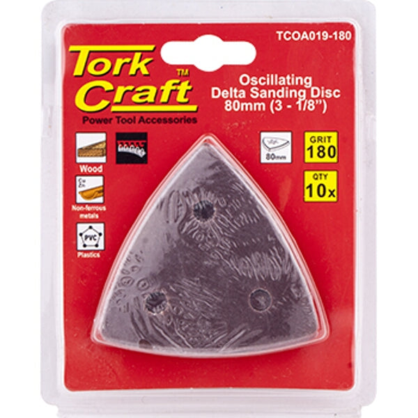 TorkCraft Oscillating Sanding Disc - Delta Shape, 80mm, 180 Grit, 10 Pack. Power Tool Accessories.