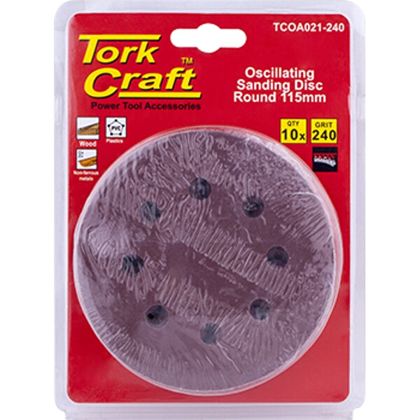 Tork Craft Oscillating Sanding Disc 115mm, 240 Grit - 10 Pack. Round Sandpaper for Power Tools - Wood Sanding.