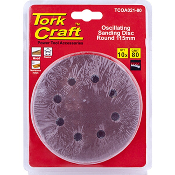 Tork Craft Oscillating Sanding Discs, 115mm, Grit 80, 10-Pack. Round Sandpaper for Wood, Plastic & Metal Power Tool Accessories