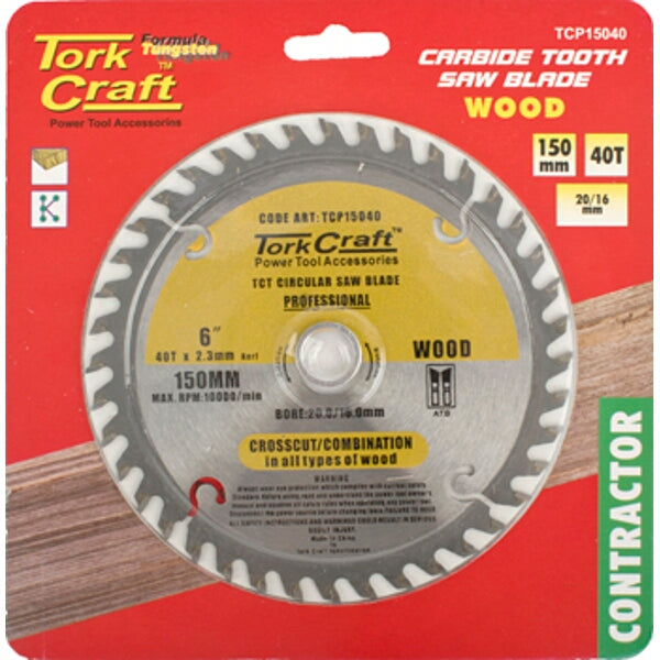 Tork Craft 150mm Carbide Tooth Saw Blade for Wood, 40T, 20/16mm. High-quality wood cutting blade.